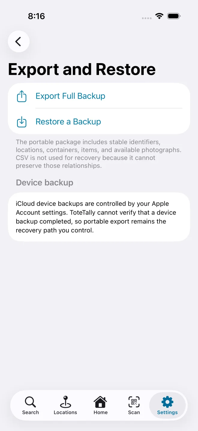 Current ToteTally Export and Restore screen with full backup and restore actions