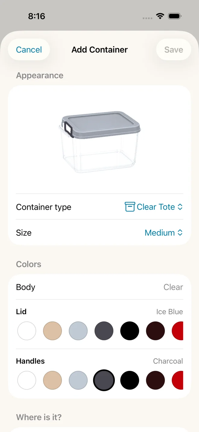 Current ToteTally Add Container screen showing a clear tote and its lid and handle colors